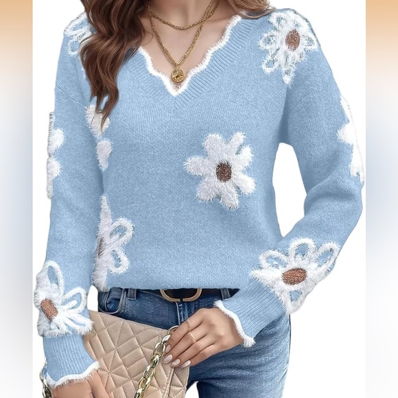 Sweaters - Light Blue Floral Fuzzy V-Neck Sweater